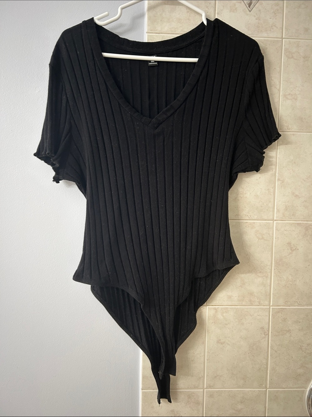 SHEIN Black Ribbed V-Neck Short Sleeve Bodysuit